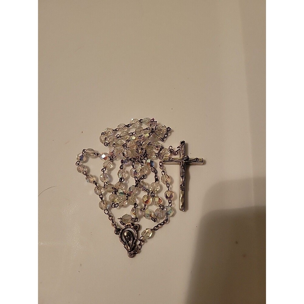 Vintage Glass Rainbow Iridescent AB Bead 16" Silver Rosary-Marked Italy